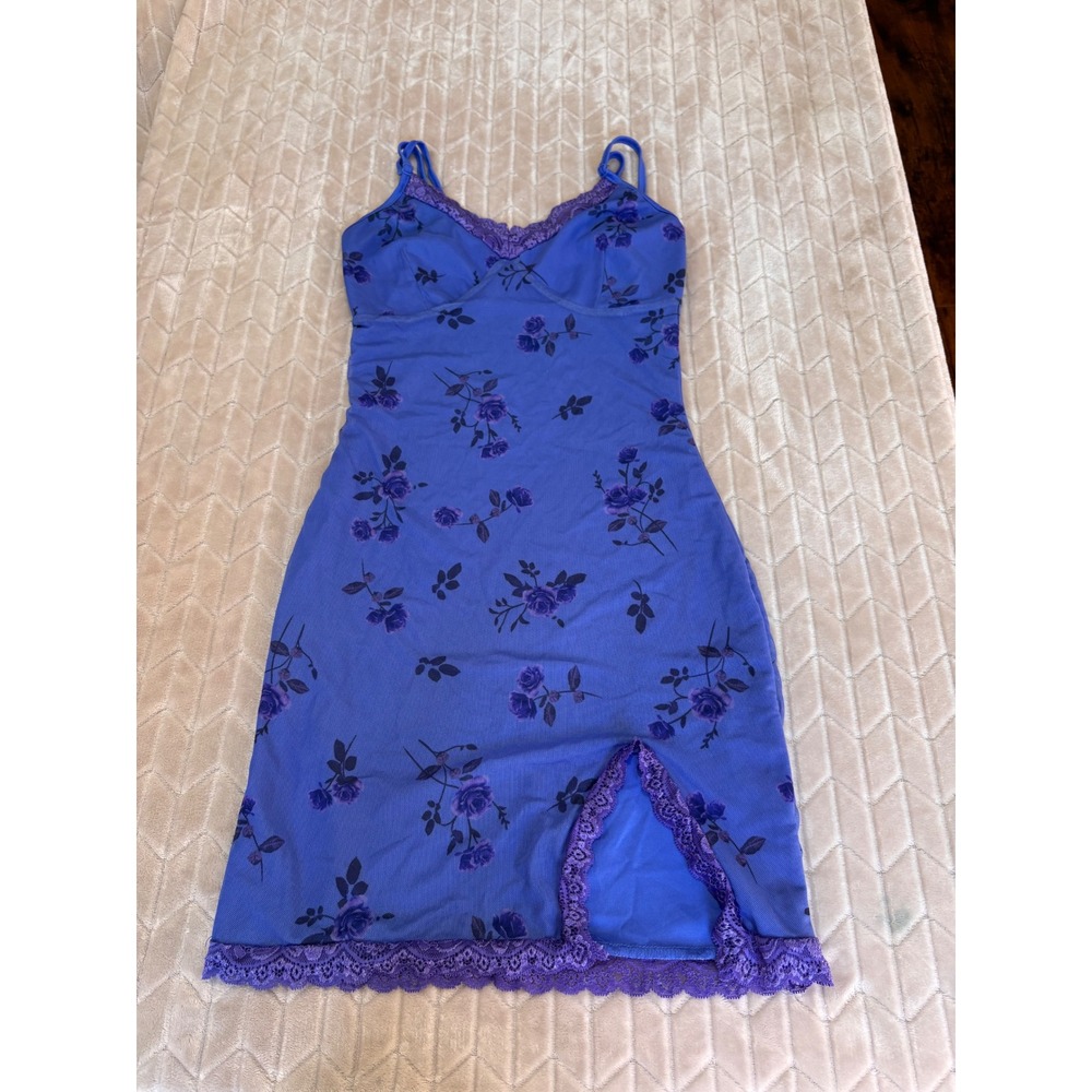 Periwinkle Rose Print Mesh Slip Dress Sz XS Lace Trim Y2K Cami Sexy Chemise